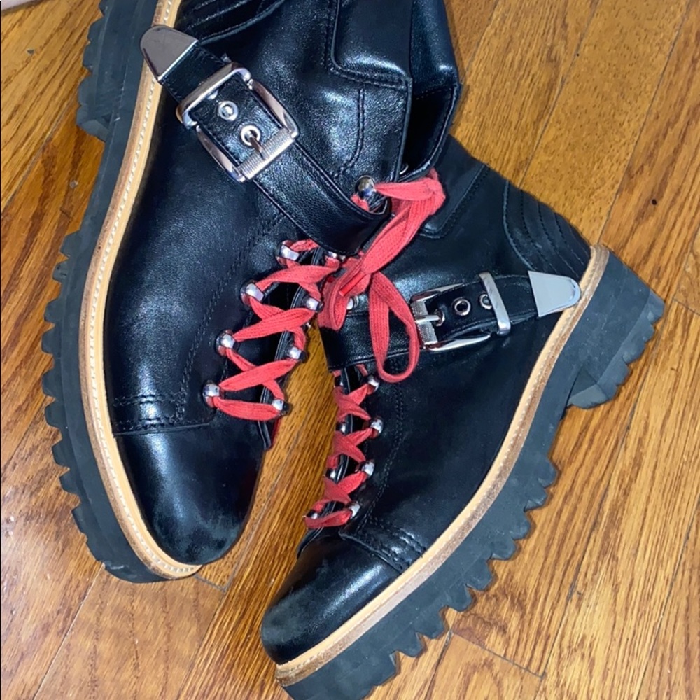 Leather Booties With Red Laces and Buckle.